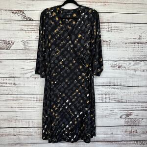 Womens H by Halston Black Gray Abstract Wrap Dress Midi Stretch 3/4 Sleeve Sz 1X